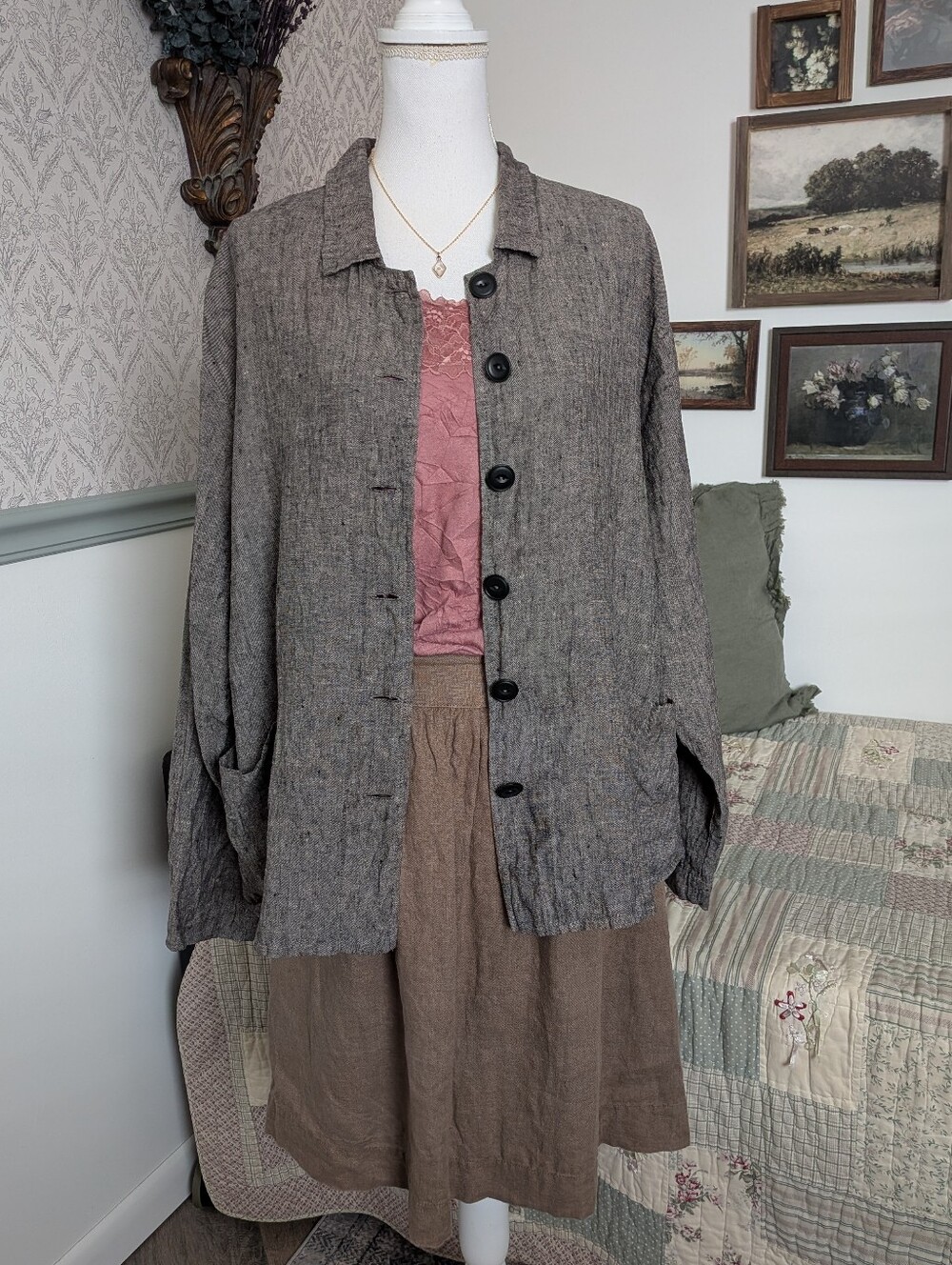FLAX by Jeanne Engelhart 100% Linen Button Front Jacket Shirt 1G Generous Gray
